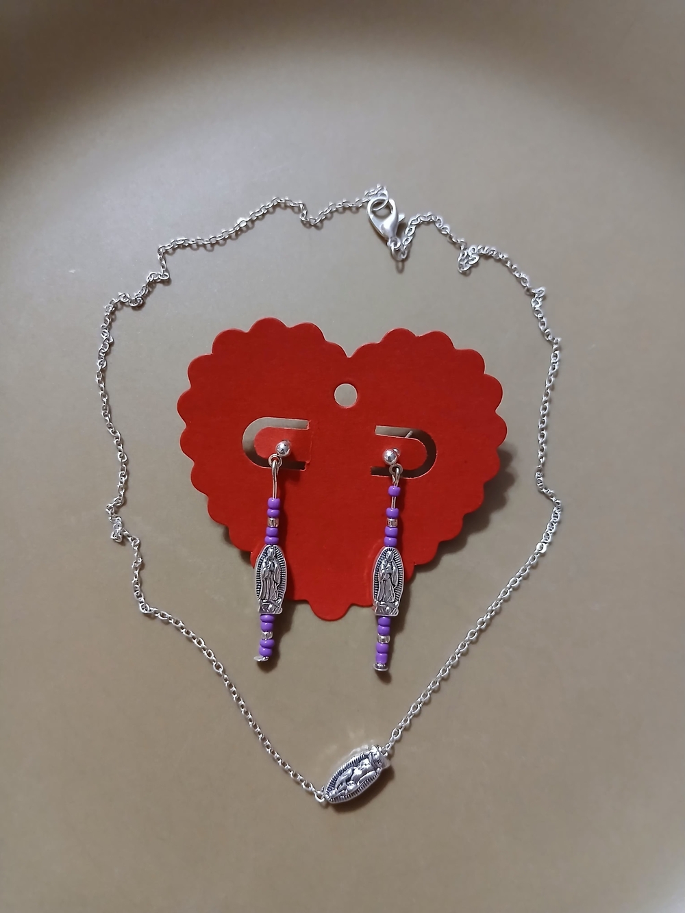 Sterling Silver Virgin Mary Purple Bead Necklace & Earrings Set